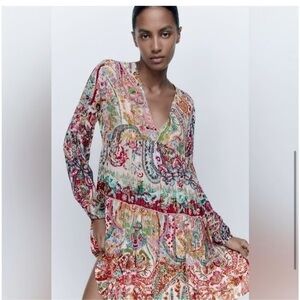 Zara Boho Metallic Thread Printed Panel Dress.
